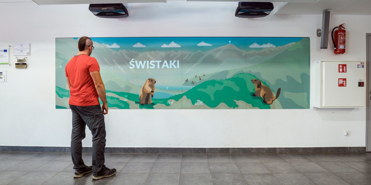Mężczyzna stoi przed plakatem przedstawiającym świstaki